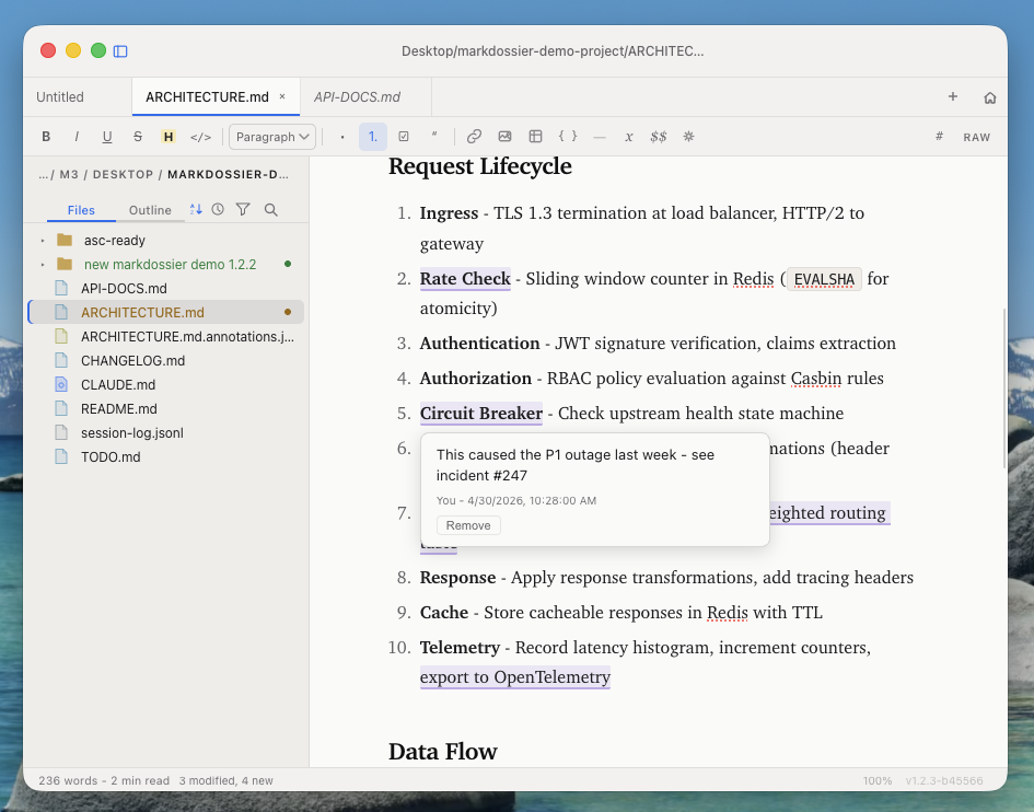 markdossier inline annotations with persistent notes on highlighted text