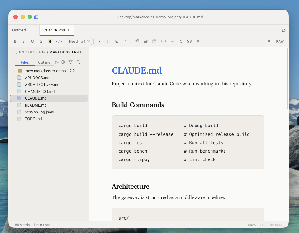 markdossier editing a CLAUDE.md configuration file with rendered headings, code blocks, and formatting