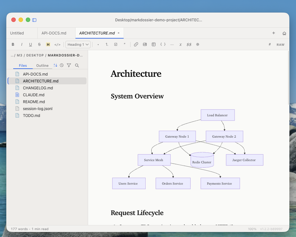 markdossier editing an Architecture.md file with a rendered Mermaid diagram, sidebar file tree, and formatting toolbar